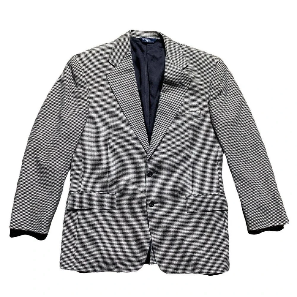 Vintage Polo Ralph Lauren Houndstooth Silk Cotton Mens Sz 41R Black Gray Blazer